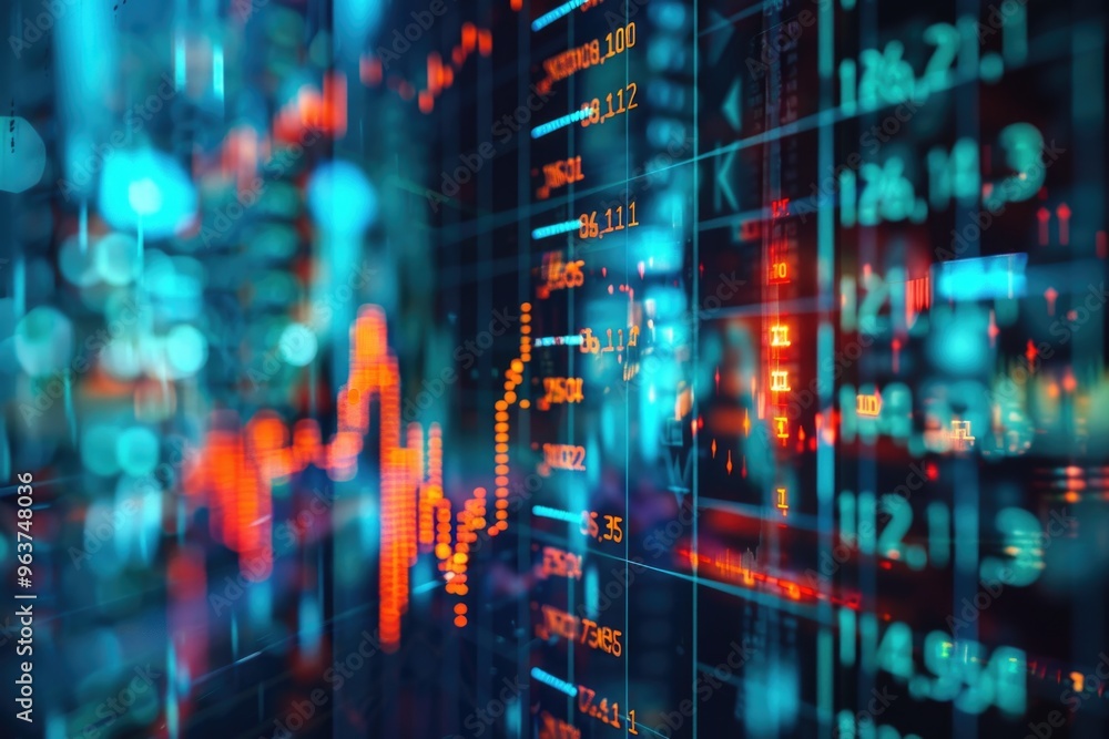 Poster a blurry photo of a stock market display showing various financial data and graphs