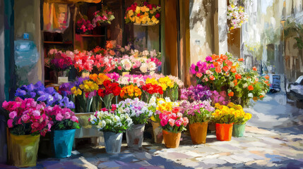 a flowers shop, colorful florals, sunlight, frontal view,