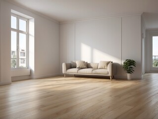Fototapeta premium Minimalist Living Room with Beige Sofa and Wooden Floor