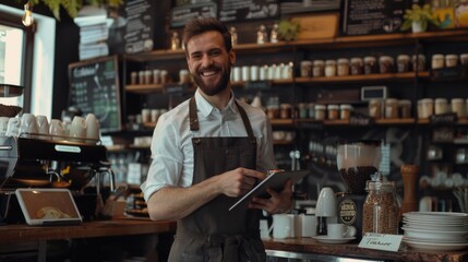 Obraz premium A person stands at a counter, holding a tablet for work or personal use