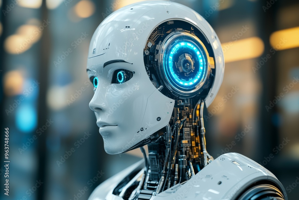 Poster neurofunctionality mental processing portrait of a sleek humanoid robot with blue glowing accents sy