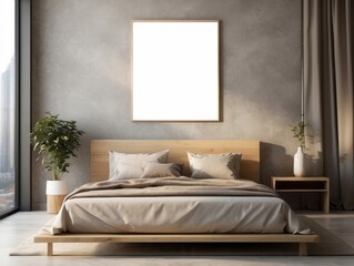 Minimalist Bedroom with Wooden Bed and Blank Frame