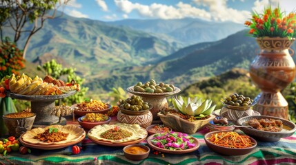 A beautiful display of traditional dishes is arranged on colorful fabrics, surrounded by lush mountains and bright flowers, creating an inviting festive atmosphere