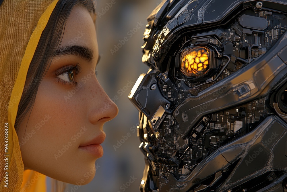 Aufkleber neurological function mental processing close up of a woman face to face with a robot symbolizing th