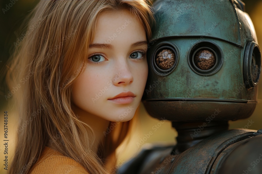Poster cognitive center mental processing portrait of a girl standing next to a humanoid robot symbolizing 
