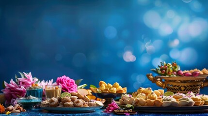 A vibrant Navaratri celebration displays an array of traditional sweets alongside fresh flowers, creating a festive atmosphere filled with joy and devotion