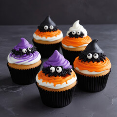Decorative Halloween cupcakes topped with vibrant orange, purple, and white frosting, featuring playful spider designs, perfect for festive celebrations.
