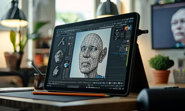Digital tablet displaying 3D model of a humanoid head