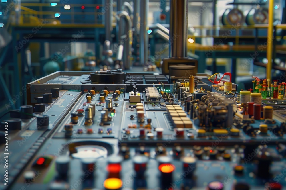 Aufkleber control panel in a industrial setting with various buttons and displays, suitable for use in busines