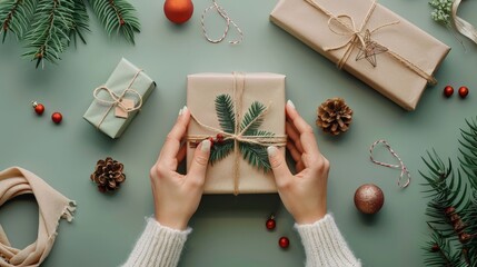 Hands are skillfully wrapping a New Year gift with twine and holiday decorations, surrounded by various festive items like pinecones and ornaments