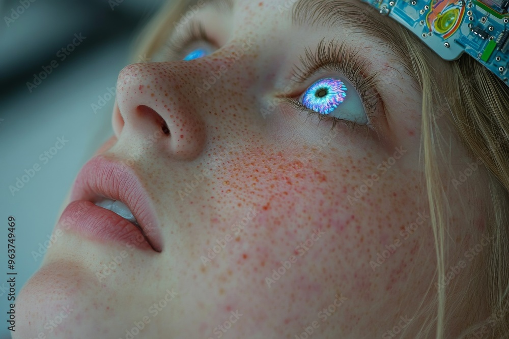 Poster brain signaling brain chip woman gazing upward with illuminated eyes displaying an advanced neural i
