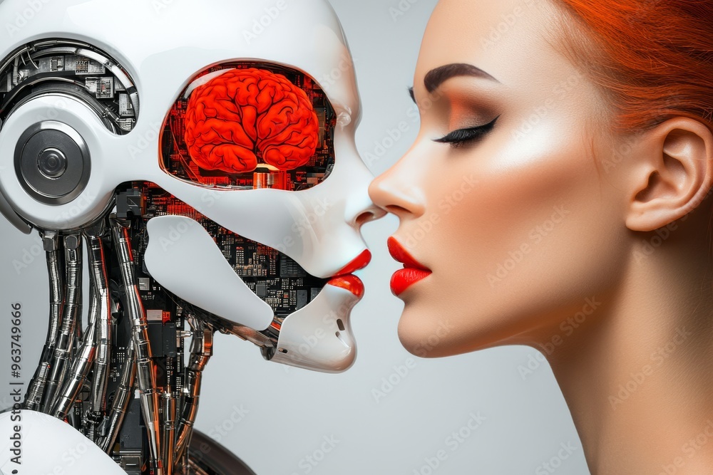Poster intellectual organ brain chip human and android sharing an intimate moment symbolizing the merging o