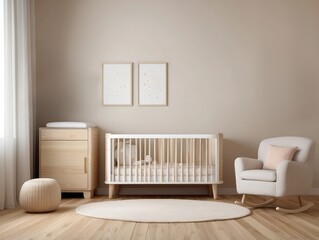 Modern Nursery Room with Crib, Rocking Chair, and Wooden Accents