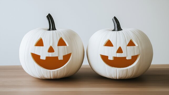 Ab&oacute;boras brancas esculpidas com express&otilde;es assustadoras criam uma atmosfera macabra e elegante para o Halloween