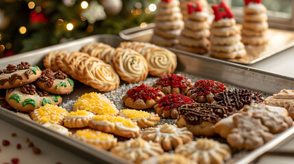 A colorful array of cookies with festive sprinkles cooling on a wire rack for Christmas.