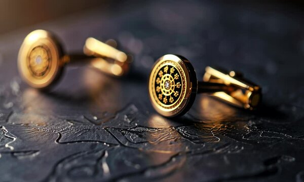 Elegant cufflinks on a textured dark surface
