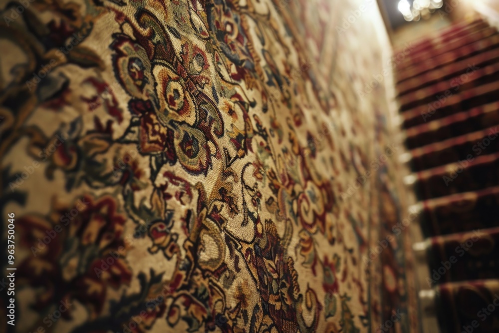 Poster a close-up view of a carpet on a staircase, suitable for use in interior design or architecture cont