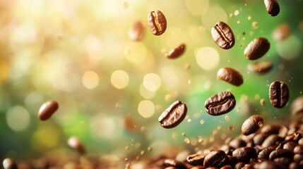 Rich coffee beans fall in a beautifully lit close-up, with the blurred background enhancing the focus on the beans, capturing the essence of International Coffee Day