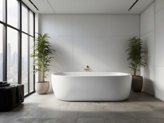 Modern Bathroom with Freestanding Tub, City View, and Greenery
