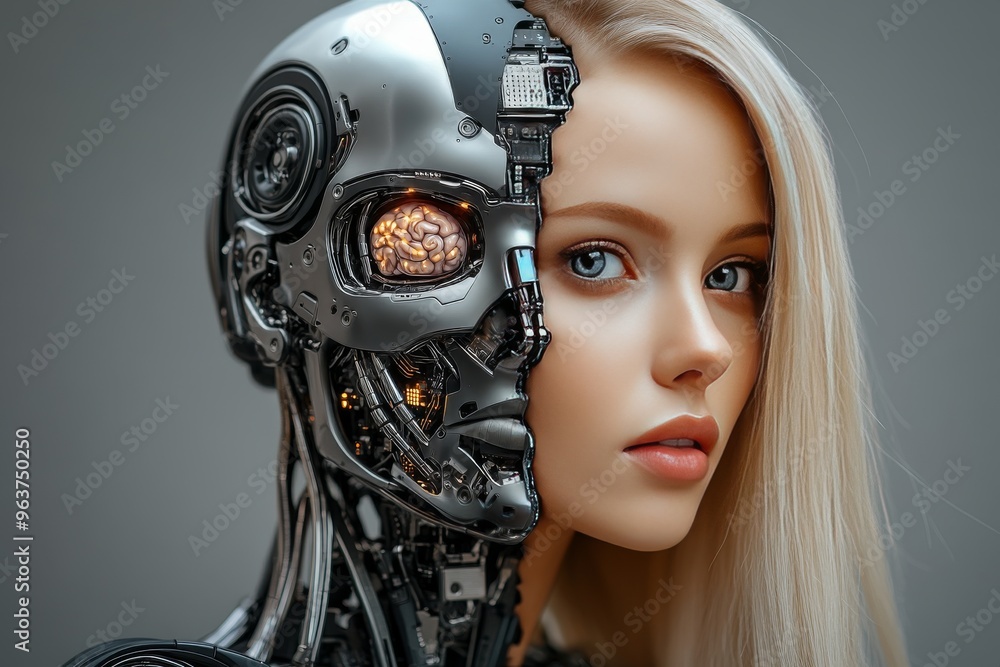 Poster brain circuits brain chip female cyborg with a glowing brain and exposed mechanical parts showcasing