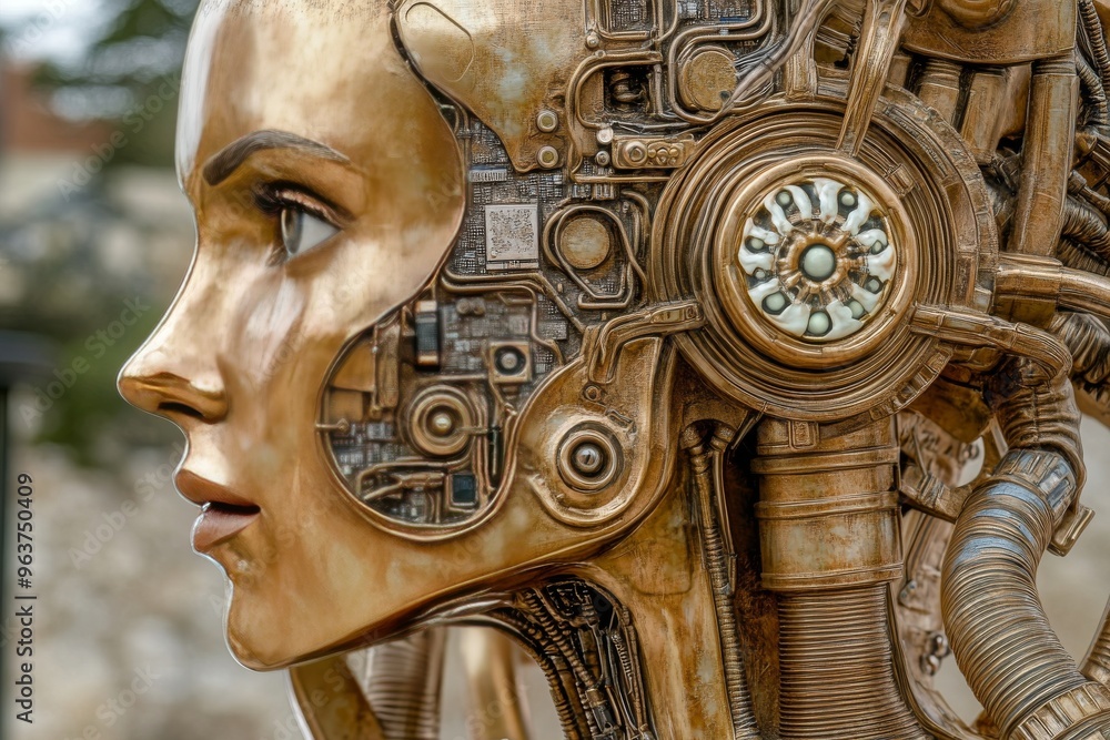 Aufkleber intellectual brain brain chip steampunk inspired robotic face with intricate mechanical gears repres