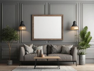 Modern Living Room with Sofa, Coffee Table, and Two Plants