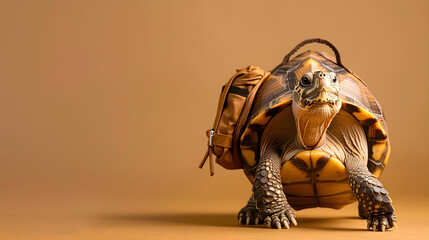 A cute turtle with a shell-shaped backpack exploring a monochrome world.