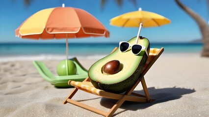 slice of avocado sunbathing on a beach chair, with a tiny umbrella in one hand and its pit as a beach ball by its side. The avocado is wearing oversized shades and looks completely relaxed.