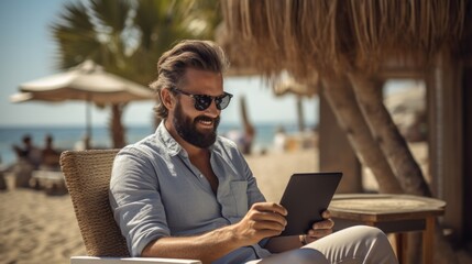 Digital nomad - man on beach with an electronic device, showcasing the concept of remote work and passive income, emphasizing the freedom and lifestyle benefits of working from anywhere.