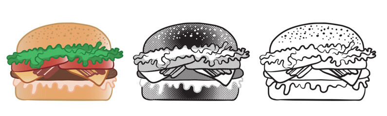 Sandwich with bread, lettuce, tomato, bacon, cheddar, hamburger and mayonnaise. Isolated on transparent background.