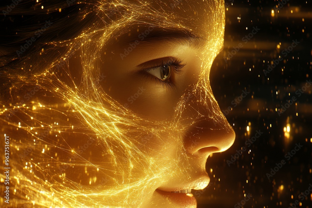 Poster brain circuits ai robot close up of a glowing face surrounded by digital light symbolizing the mergi