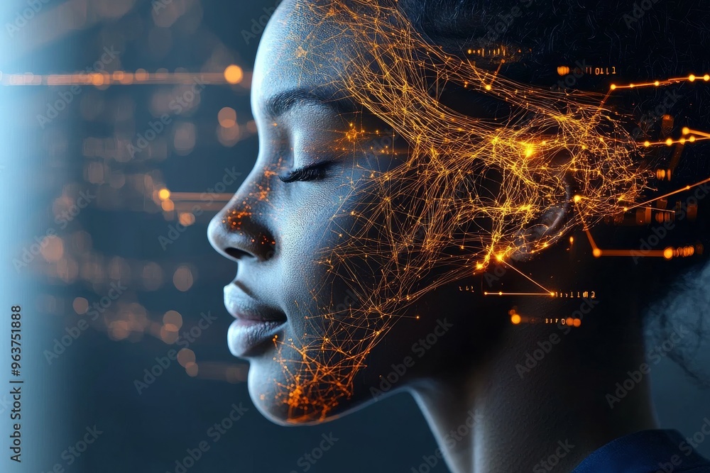 Poster synaptic network ai robot woman with glowing circuits flowing through her head symbolizing the integ