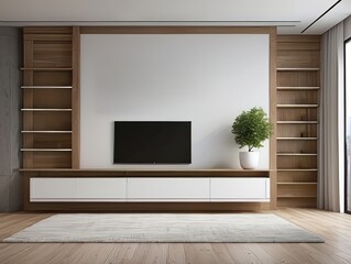 Modern Living Room with TV, White Cabinet, and Wooden Shelving