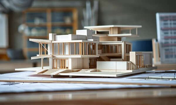 An architectural model of a complex structure on a drafting table
