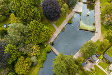 Aerial drone shot of Harlow Town Park in England