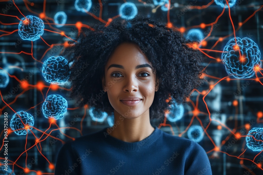 Poster cognitive function female brain confident woman standing in front of a complex network of glowing li