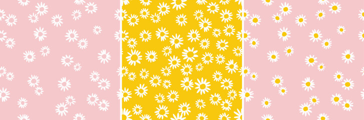 Seamless daisy floral pattern. Cute ditsy hand drawn vector daisies in white yellow and pink print. Spring summer stationary, paper, nightwear, swimwear ladies baby teens and girls fashion. bundle