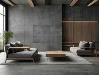 Modern Minimalist Living Room with Concrete Walls and Wooden Accents