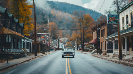 Fototapeta premium Classic car cruising down a picturesque mountain town street with colorful buildings in background.