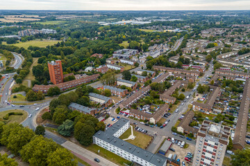 Aerial drone cityscape of Harlow Town, England