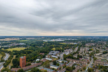 Aerial drone cityscape of Harlow Town, England