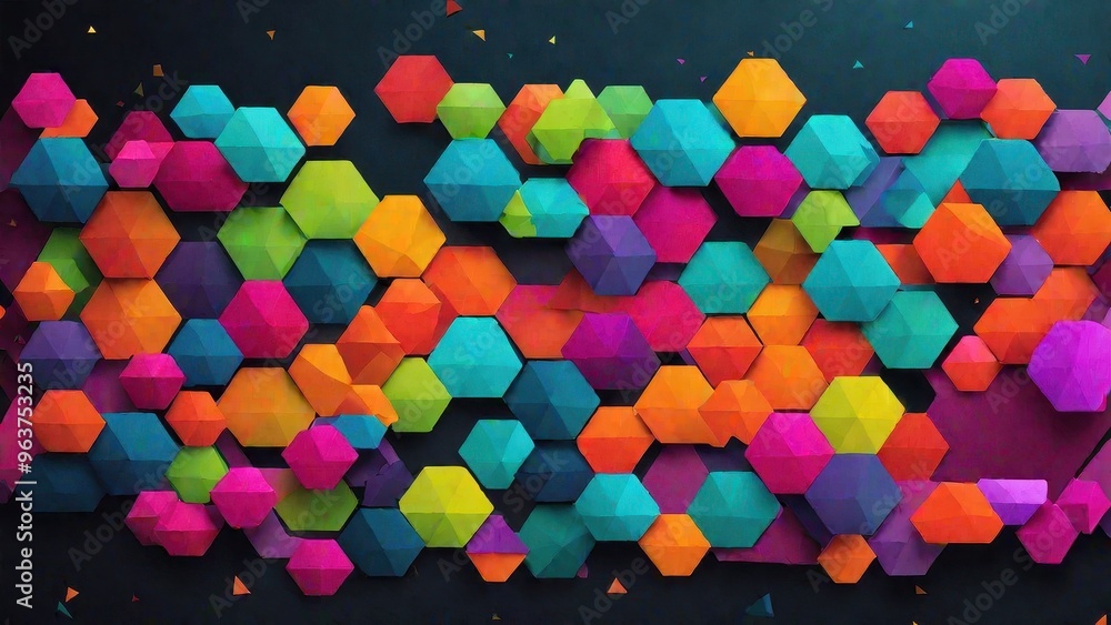 Poster a vibrant arrangement of colorful hexagonal shapes creating a dynamic abstract pattern.