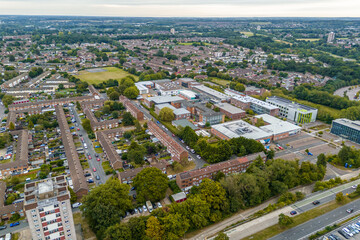 Aerial drone cityscape of Harlow Town, England
