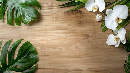 Clean wooden desk with a green monstera leaf and a white orchid on the sides providing a minimalist and stylish workspace arrangement ideal for showcasing text in the center