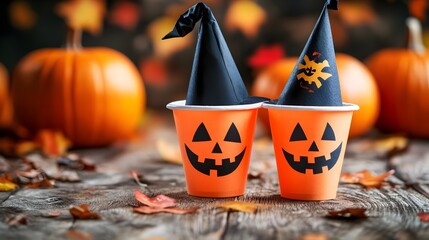 Two festive Halloween cups with pumpkin designs and witch hats, surrounded by autumn leaves and pumpkins, perfect for seasonal celebrations.