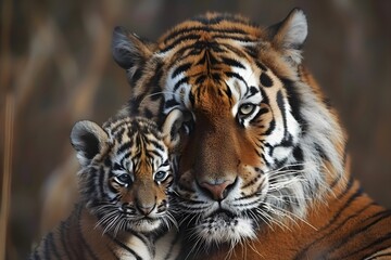 Fototapeta premium A couple of tigers standing next to each other