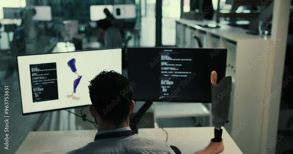 Aufkleber Data, development and person at computer screen with prosthetic leg, coding or innovation in laboratory. Future technology, medical engineering and programmer with robotics for artificial limb design