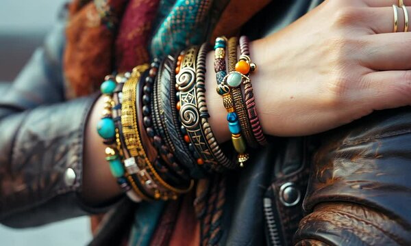 Woman's arm adorned with a variety of colorful bracelets