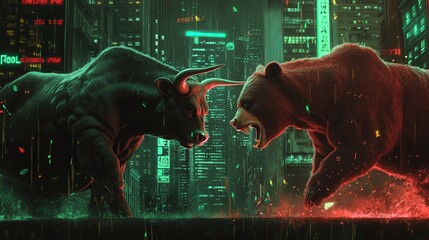 A digital artwork of a fierce bull and bear facing off amid a neon-lit cityscape at night, symbolizing market dynamics and competition