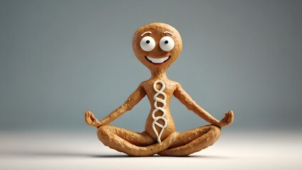 A ginger root character doing yoga or a meditation pose, with a peaceful expression, balancing on its legs like a ginger root pretzel.